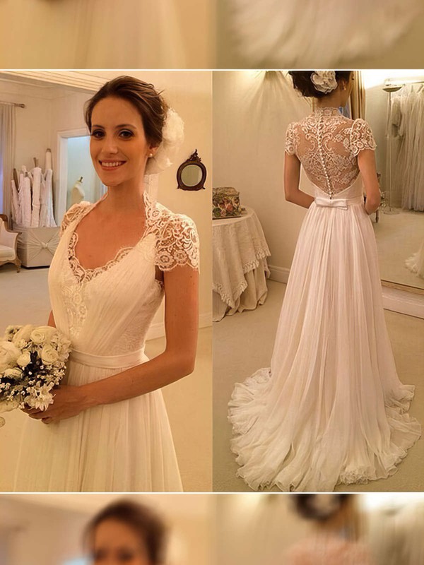 Ivory Chiffon with Appliques Lace V-neck Short Sleeve Sweep Train Wedding Dress #PWD00021497