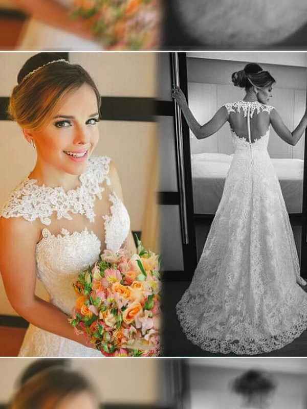 White Lace Scoop Neck Court Train Appliques Stunning Wedding Dress #PWD00021498