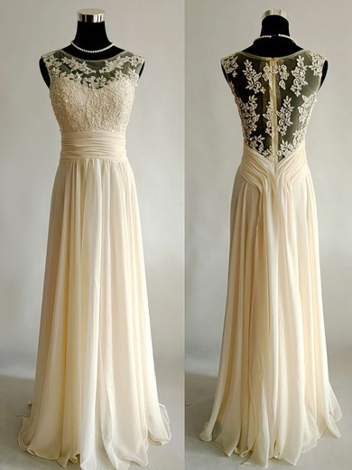 Floor-length Scoop Neck Appliques Lace Chiffon Tulle Champagne Wedding Dress #PWD00021499