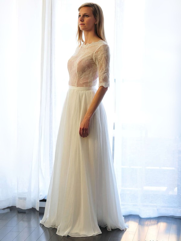 Scoop Neck Chiffon Lace Perfect Ivory 1/2 Sleeve Wedding Dresses #PWD00021511