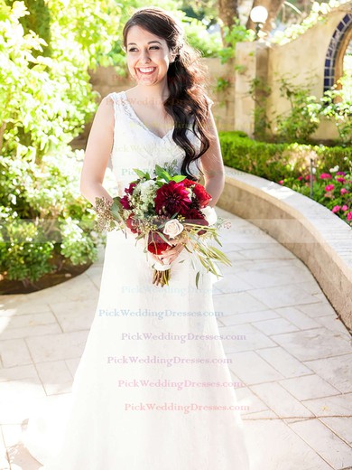 Gorgeous V-neck Ivory Court Train Backless Sashes/Ribbons Lace Wedding Dress #PWD00021513