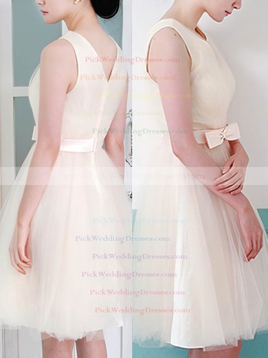 Champagne V-neck Knee-length Tulle with Bow Bridesmaid Dresses #PWD01012105