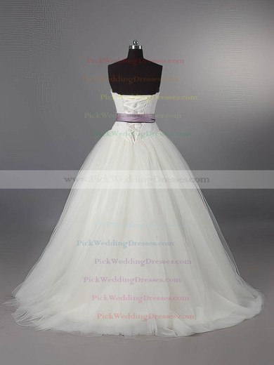 Ball Gown Ivory Lace Tulle Sashes / Ribbon Lace-up Sweep Train Wedding Dress #PWD00011115