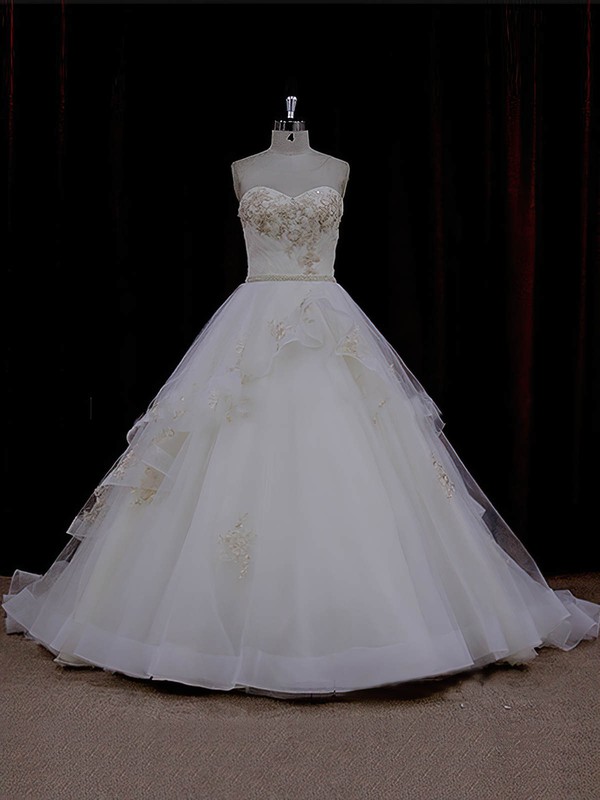 Ivory Chapel Train Tulle Appliques Lace Cheap Sweetheart Wedding Dresses #PWD00021632