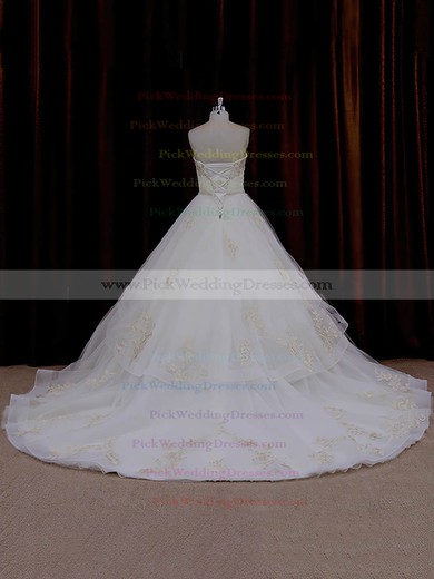 Ivory Chapel Train Tulle Appliques Lace Cheap Sweetheart Wedding Dresses #PWD00021632