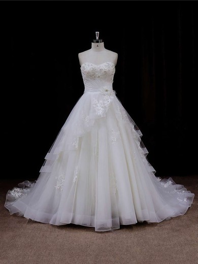 Sweetheart Lace-up Tulle Appliques Lace Chapel Train Ivory Wedding Dresses #PWD00021633