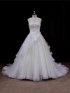 Sweetheart Lace-up Tulle Appliques Lace Chapel Train Ivory Wedding Dresses #PWD00021633