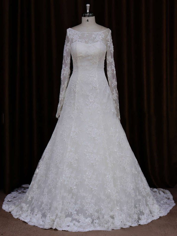 Unique Long Sleeve Ivory Lace Beading Scoop Neck Wedding Dresses #PWD00021634