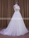 Vintage Court Train White Lace Tulle with Sequins Scoop Neck Wedding Dresses #PWD00021637