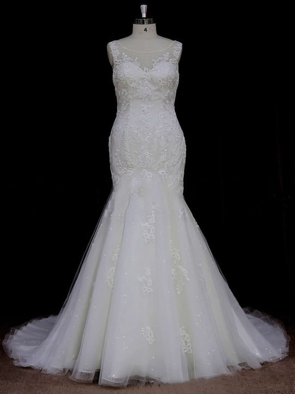 Trumpet/Mermaid Discount Ivory Tulle Appliques Lace Scoop Neck Wedding Dresses #PWD00021638