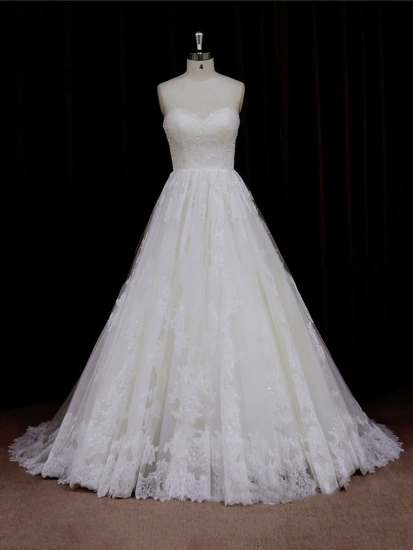 Sweep Train Ivory Tulle Beading Sweetheart Beautiful Wedding Dresses #PWD00021641