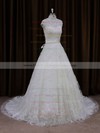 Ivory Court Train Lace Sashes / Ribbons Cap Straps High Neck Wedding Dresses #PWD00021642