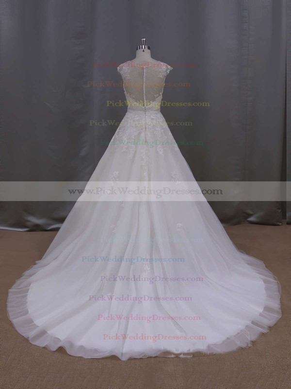 Ball Gown Tulle Appliques Lace Cap Straps Scoop Neck Ivory Wedding Dresses #PWD00021646
