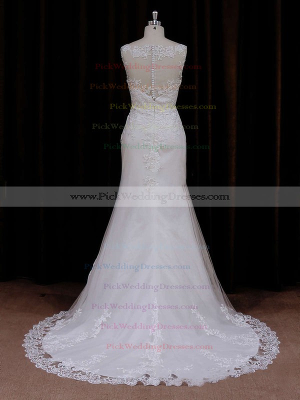 Simple Scoop Neck Ivory Tulle Appliques Lace Trumpet/Mermaid Wedding Dresses #PWD00021647