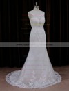 Simple Scoop Neck Ivory Tulle Appliques Lace Trumpet/Mermaid Wedding Dresses #PWD00021647