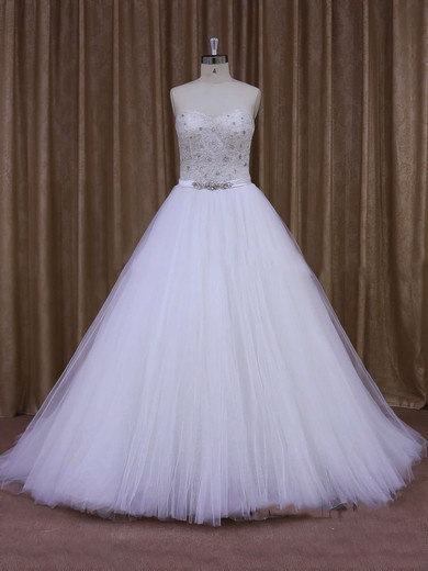 Fabulous Sweep Train Tulle Pearl Detailing White Sweetheart Wedding Dresses #PWD00021651