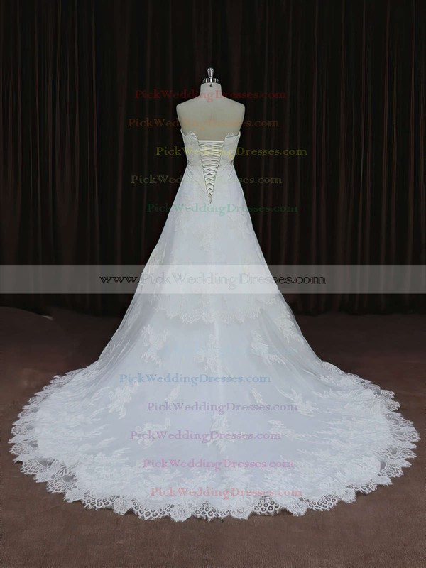 A-line Ivory Tulle Appliques Lace Court Train Lace-up Wedding Dress #PWD00021652
