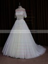 Short Sleeve Off-the-shoulder Ivory Tulle Beading Court Train Wedding Dress #PWD00021654