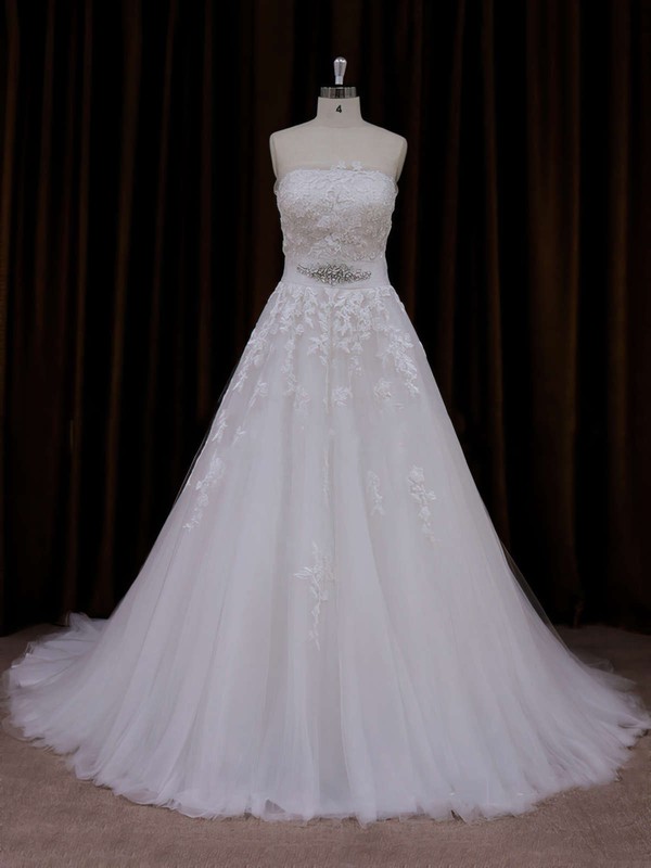 Fashion Strapless Ivory Tulle Appliques Lace Court Train Wedding Dress #PWD00021660