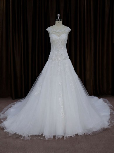 Chapel Train Tulle Appliques Lace Cap Straps Scoop Neck Ivory Wedding Dress #PWD00021664