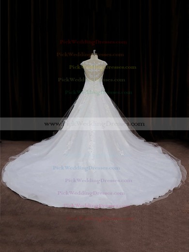 Chapel Train Tulle Appliques Lace Cap Straps Scoop Neck Ivory Wedding Dress #PWD00021664