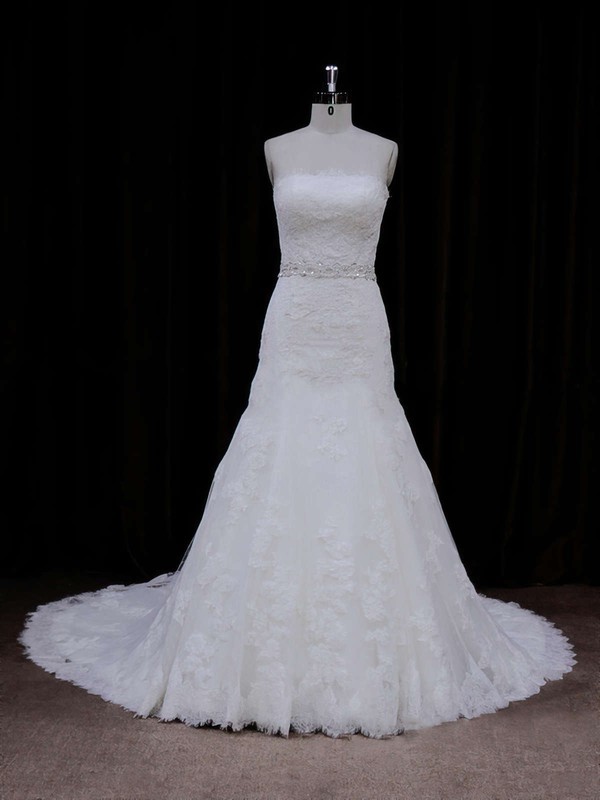 Strapless Ivory Lace-up Tulle Appliques Lace Chapel Train Wedding Dress #PWD00021667