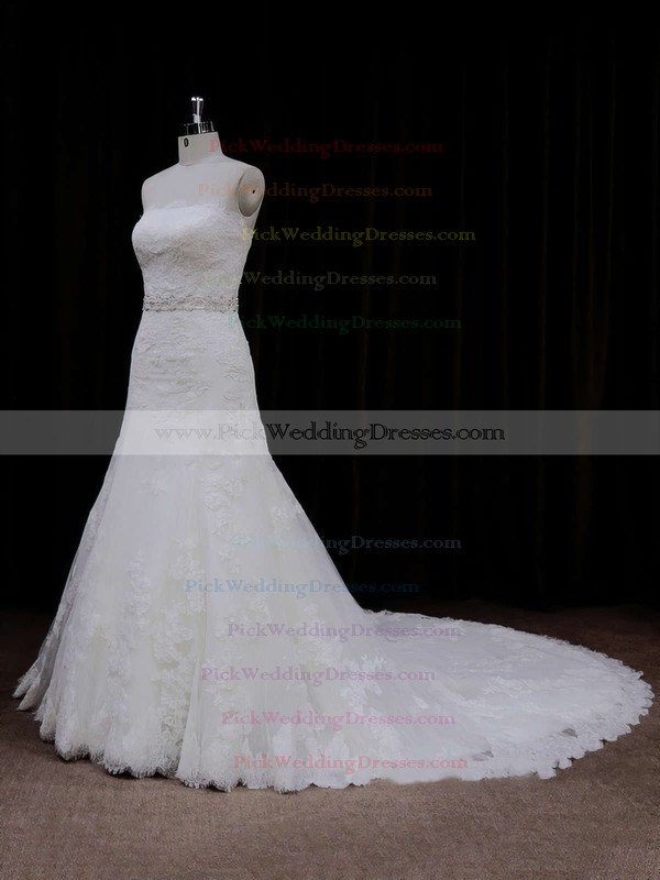 Strapless Ivory Lace-up Tulle Appliques Lace Chapel Train Wedding Dress #PWD00021667