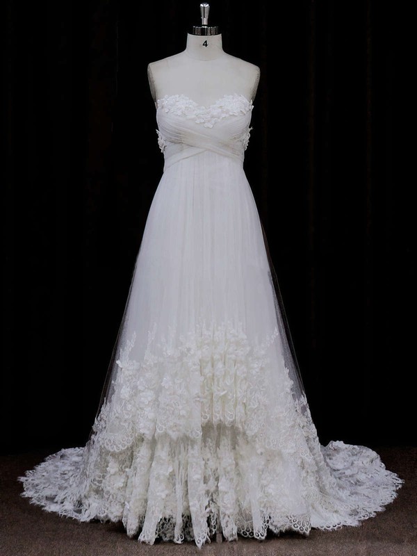 Popular Sweetheart Ivory Tulle Appliques Lace Empire Wedding Dress #PWD00021678