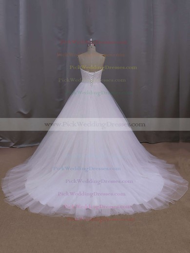 White Sweetheart Lace-up Tulle Beading Court Train Wedding Dress #PWD00021679