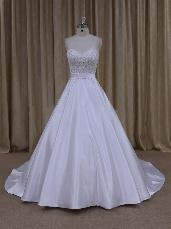 Ivory Sweetheart Satin with Beading Unique Court Train Wedding Dresses #PWD00021686