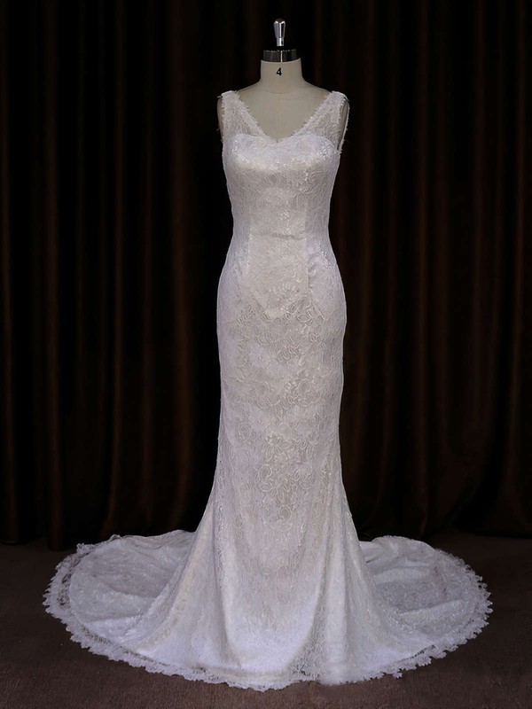 Ivory V-neck Lace Buttons Trumpet/Mermaid Online Wedding Dresses #PWD00021688