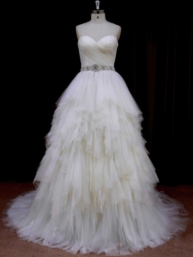 Sweetheart Ivory Modest Tulle Tiered Princess Wedding Dresses #PWD00021691