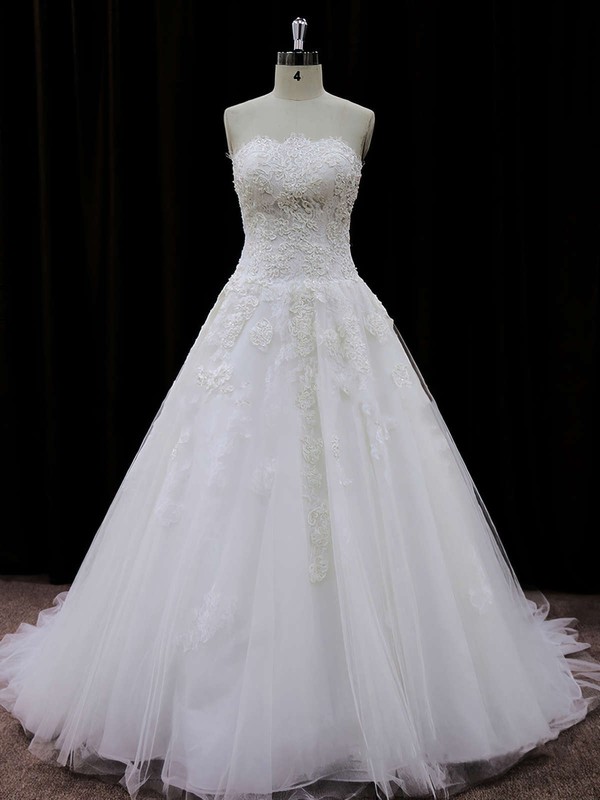 Court Train Ivory Tulle Appliques Lace Beautiful Strapless Wedding Dresses #PWD00021694