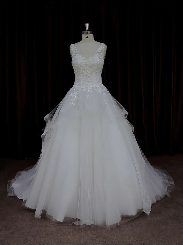 Ball Gown Ivory Lace-up Tulle Appliques Lace V-neck Wedding Dresses #PWD00021695