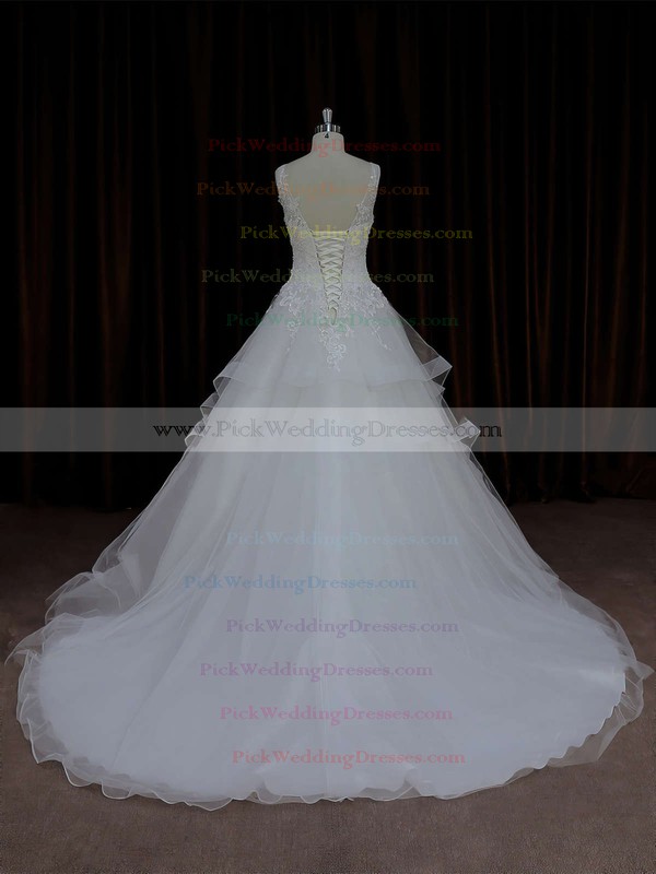 Ball Gown Ivory Lace-up Tulle Appliques Lace V-neck Wedding Dresses #PWD00021695