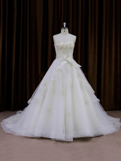 Inexpensive Chapel Train Ivory Organza Appliques Lace Sweetheart Wedding Dresses #PWD00021696