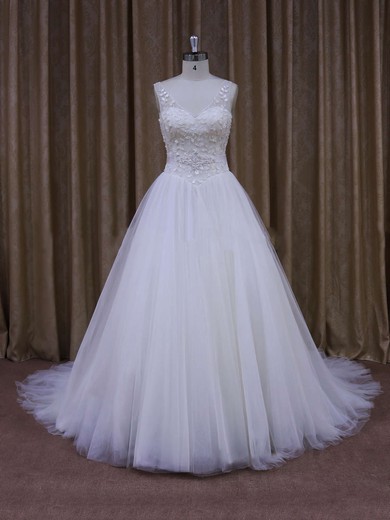 Discount V-neck Ball Gown Crystal Detailing White Tulle Wedding Dresses #PWD00021699