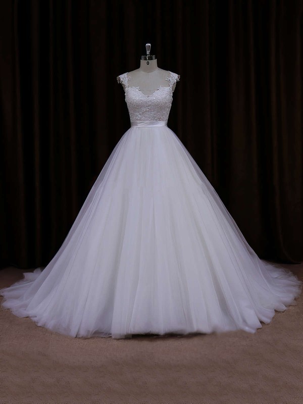 Ball Gown Ivory Tulle Appliques Lace Open Back Cathedral Train Wedding Dresses #PWD00021704