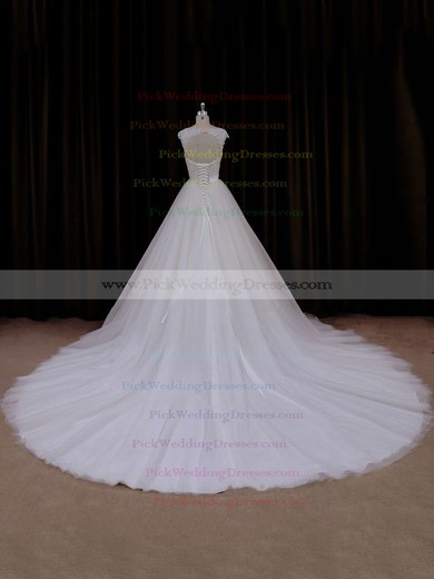 Ball Gown Ivory Tulle Appliques Lace Open Back Cathedral Train Wedding Dresses #PWD00021704