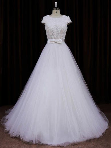 Scoop Neck Ivory Tulle Appliques Lace Cap Straps Princess Wedding Dresses #PWD00021745
