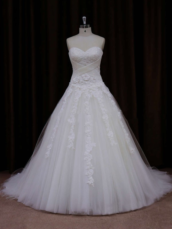 Princess Popular Tulle with Appliques Lace Sweetheart White Wedding Dress #PWD00021772