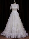 Ivory Short Sleeve Court Train Lace Sequins Scoop Neck Wedding Dress #PWD00021782
