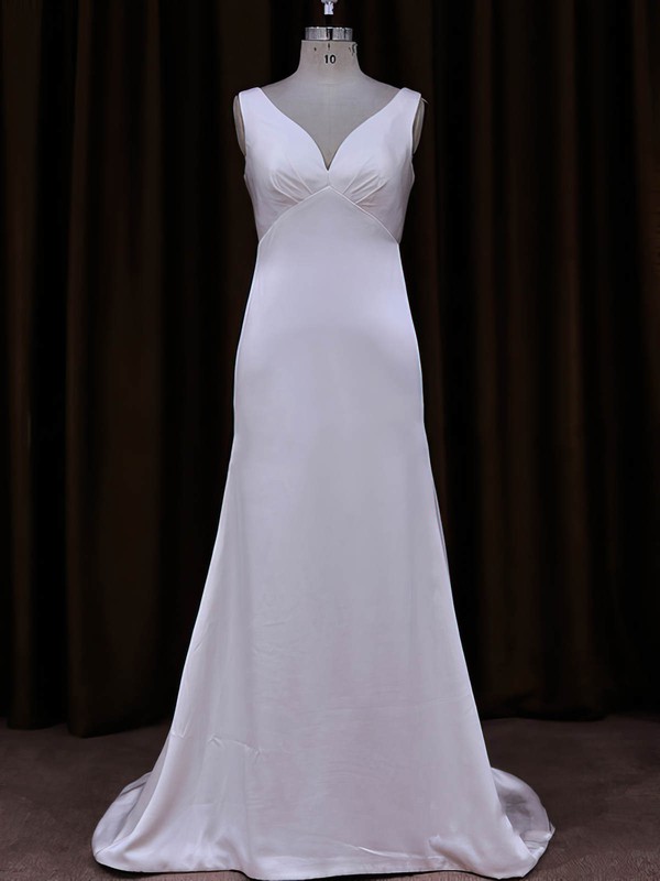 V-neck White Tulle Silk-like Satin Sequins Sheath/Column Wedding Dress #PWD00021787