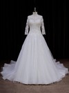 Chapel Train Ivory Tulle Appliques Lace 3/4 Sleeve Scoop Neck Wedding Dress #PWD00021788
