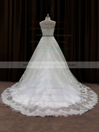 Pretty Scoop Neck Lace Beading Chapel Train Ivory Wedding Dress #PWD00021791