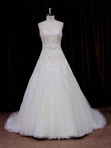 Beautiful Princess Sweetheart Sashes / Ribbons Ivory Tulle Wedding Dress #PWD00021797