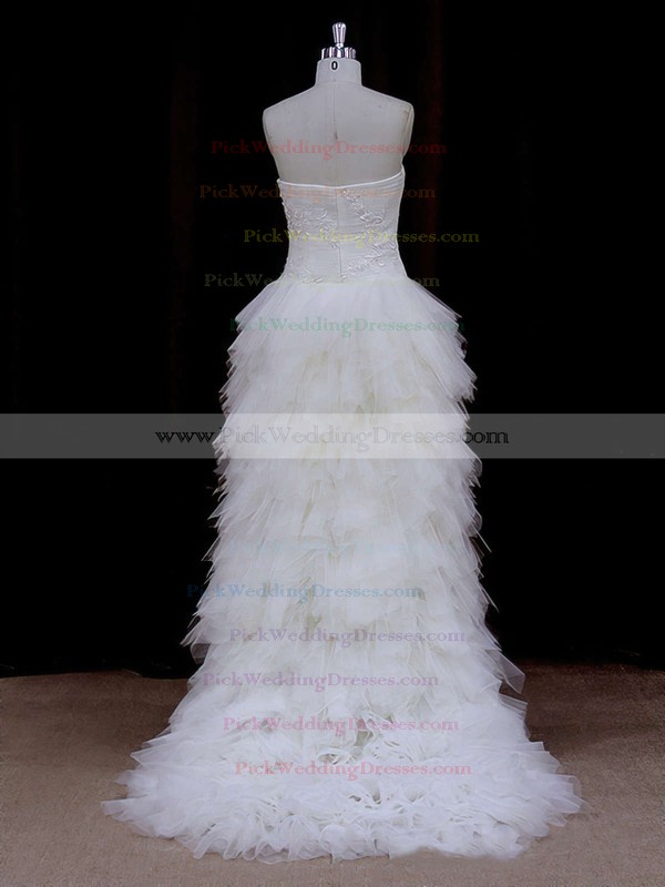 Asymmetrical Ivory Tulle Appliques Lace High Low Strapless Wedding Dress #PWD00021802