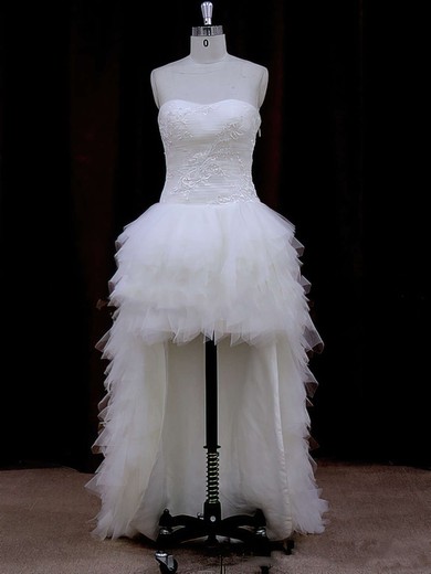 Asymmetrical Ivory Tulle Appliques Lace High Low Strapless Wedding Dress #PWD00021802