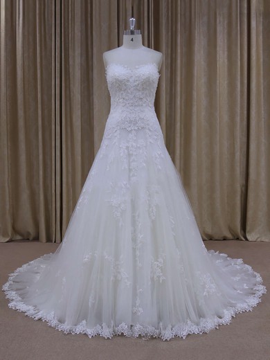 Unique Sweetheart Ivory Tulle Appliques Lace Court Train Wedding Dress #PWD00021803