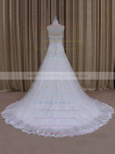 Unique Sweetheart Ivory Tulle Appliques Lace Court Train Wedding Dress #PWD00021803